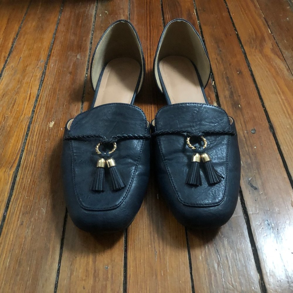 Tasseled Leather Loafers Navy Blue Cutout